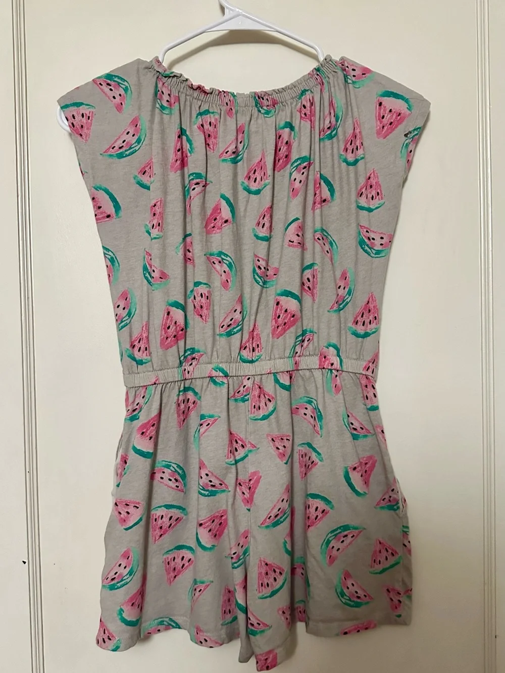 Watermelon Print Grey Romper with Pockets - Girls’